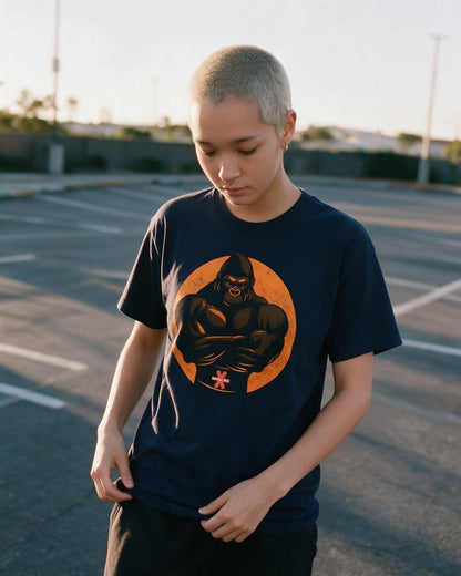 Iron Kong T-Shirt in Navy worn on the street — Urban Kong