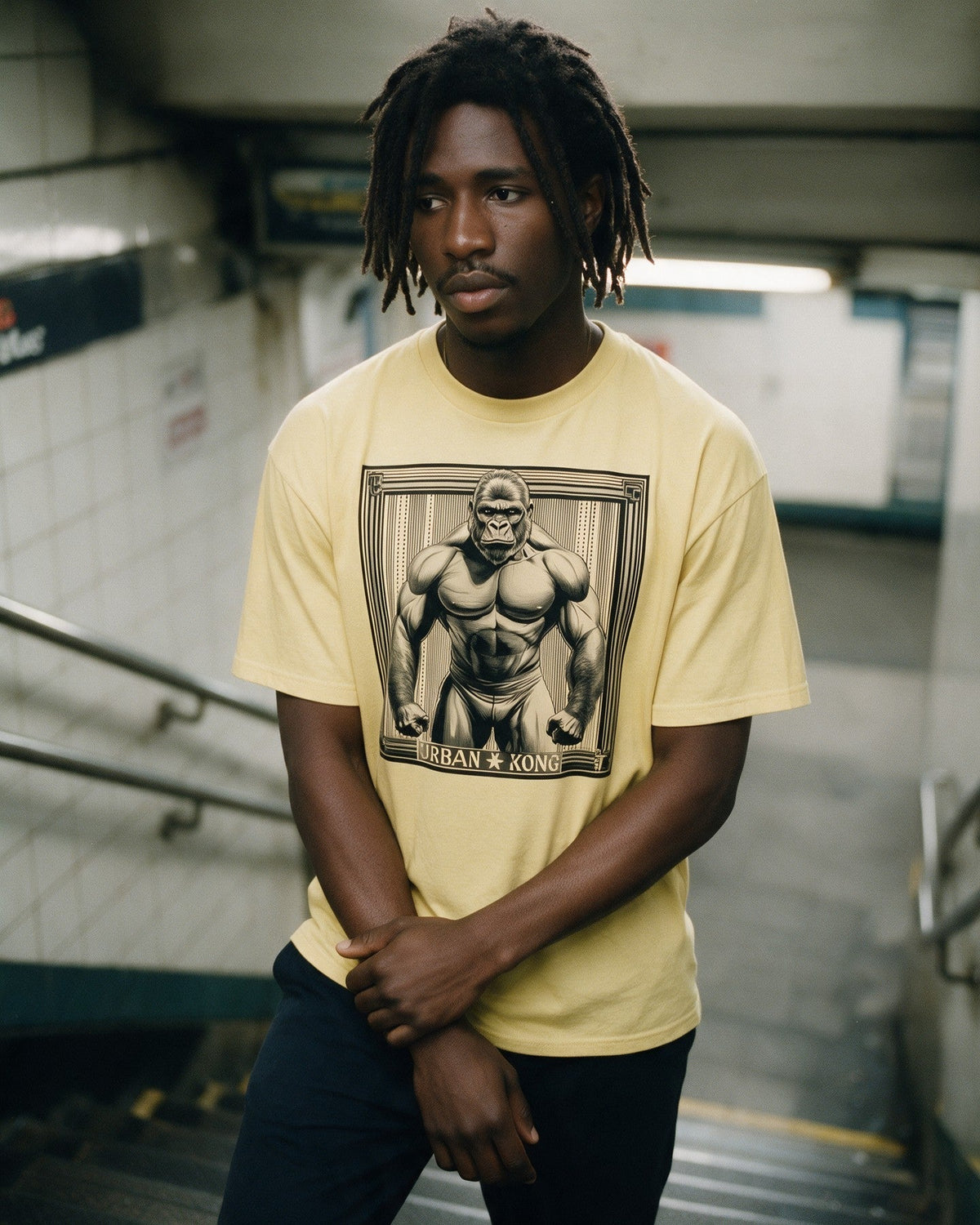 Jungle Muscle T-Shirt in Cornsilk worn on the street — Urban Kong