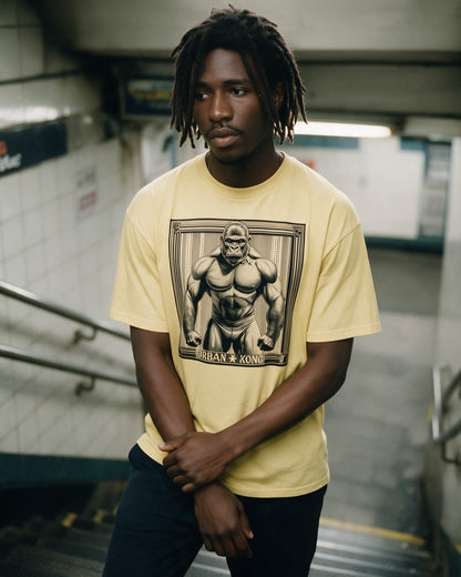 Jungle Muscle T-Shirt in Cornsilk worn on the street — Urban Kong