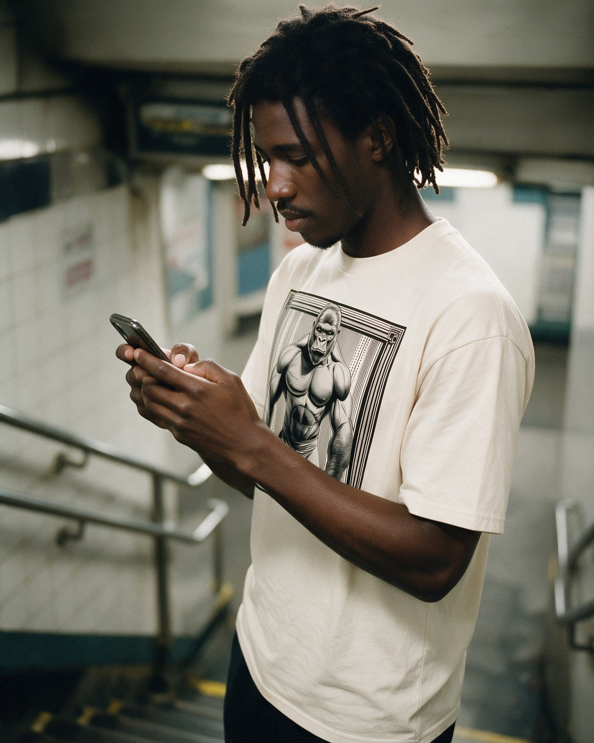 Jungle Muscle T-Shirt in Natural worn on the street — Urban Kong