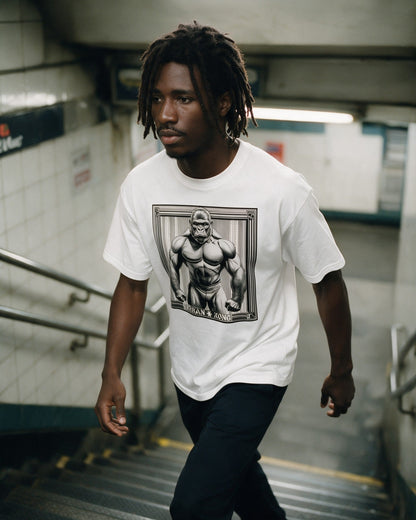 Jungle Muscle T-Shirt in White worn on the street — Urban Kong