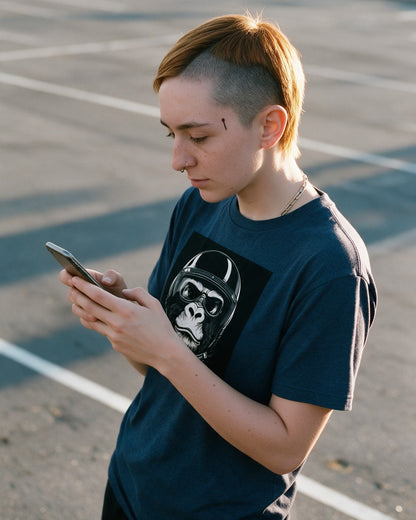King of the Road T-Shirt in Heather Navy worn on the street — Urban Kong