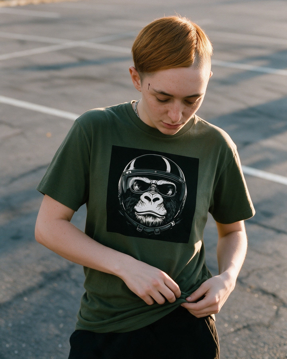 King of the Road T-Shirt in Military Green worn on the street — Urban Kong