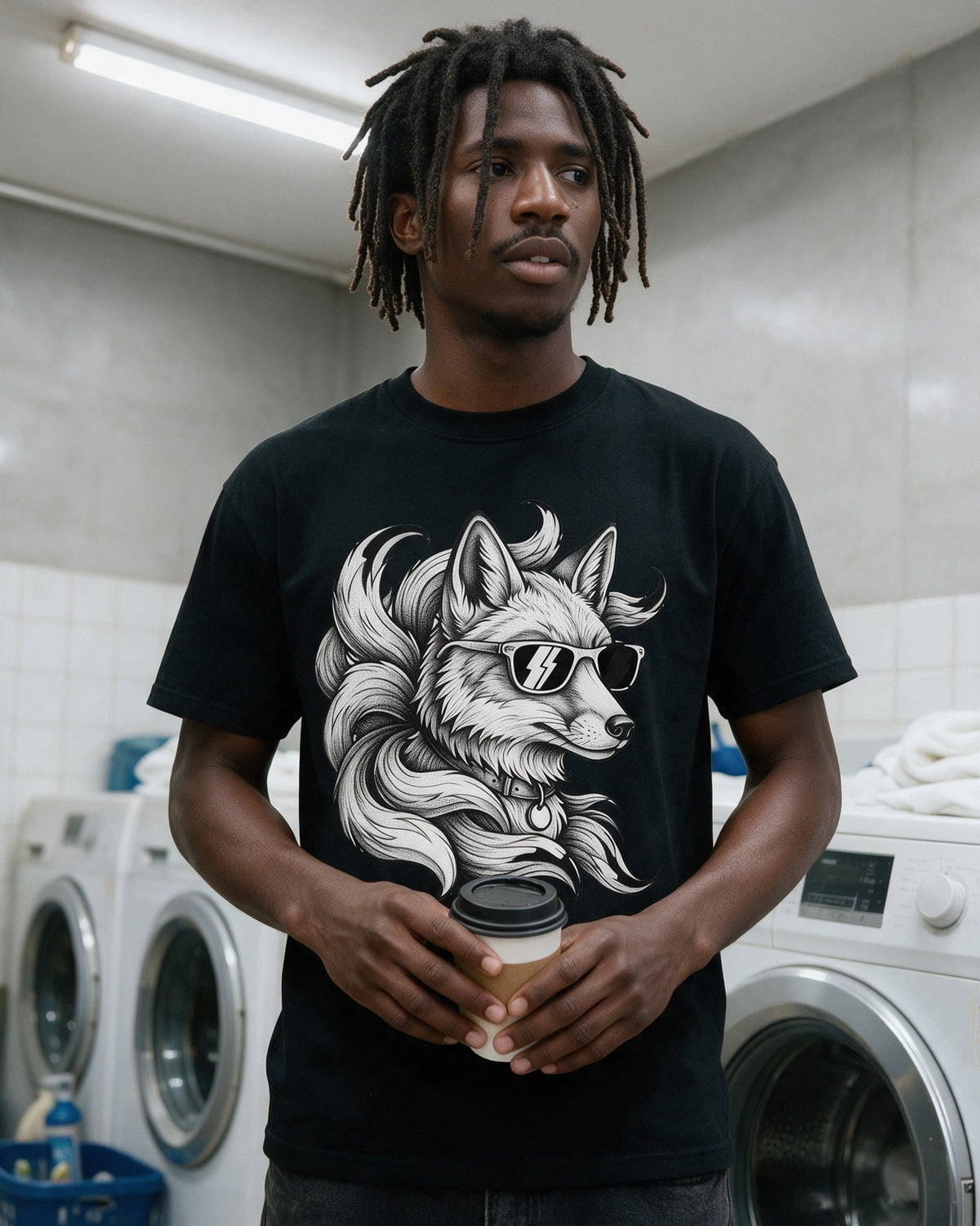 Kitsune Shades T-Shirt in Black worn on the street — Urban Kong