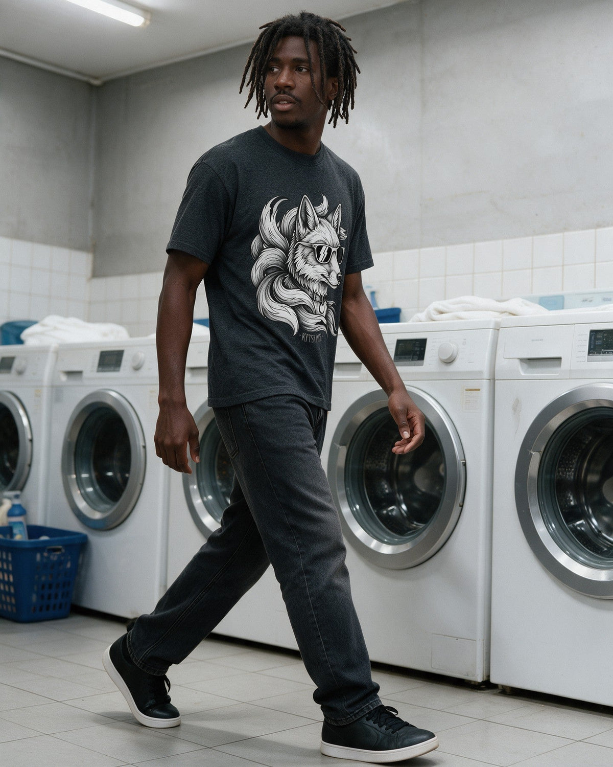Kitsune Shades T-Shirt in Dark Heather worn on the street — Urban Kong
