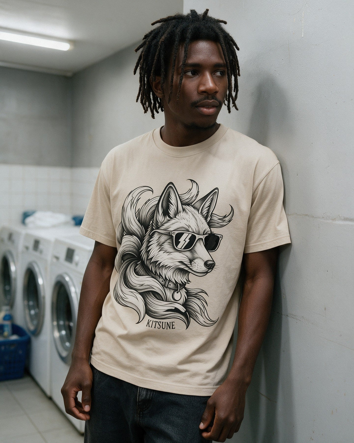 Kitsune Shades T-Shirt in Sand worn on the street — Urban Kong