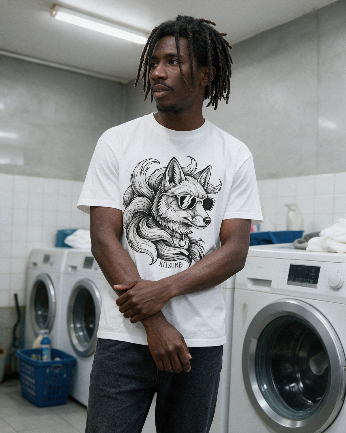 Kitsune Shades T-Shirt in White worn on the street — Urban Kong