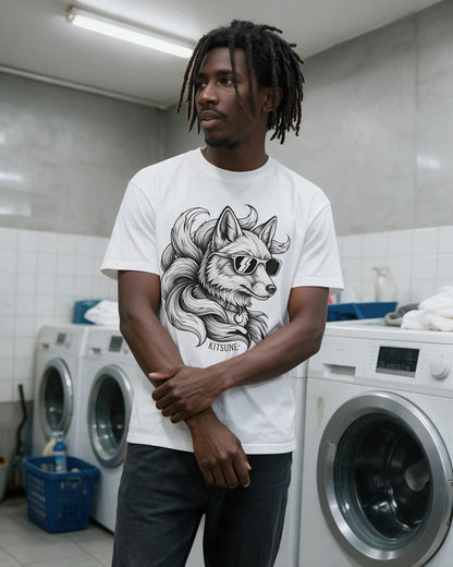 Kitsune Shades T-Shirt in White worn on the street — Urban Kong