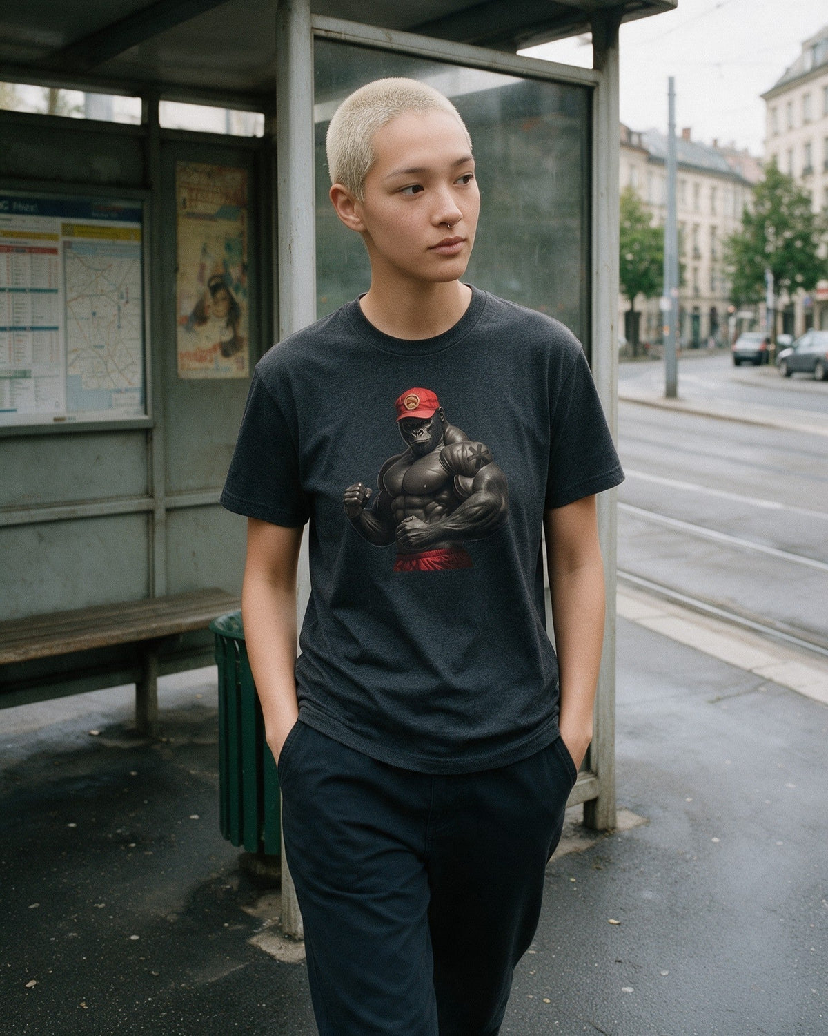 Kong Bulk T-Shirt in Dark Heather worn on the street — Urban Kong
