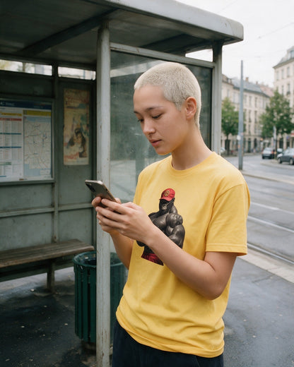 Kong Bulk T-Shirt in Gold worn on the street — Urban Kong