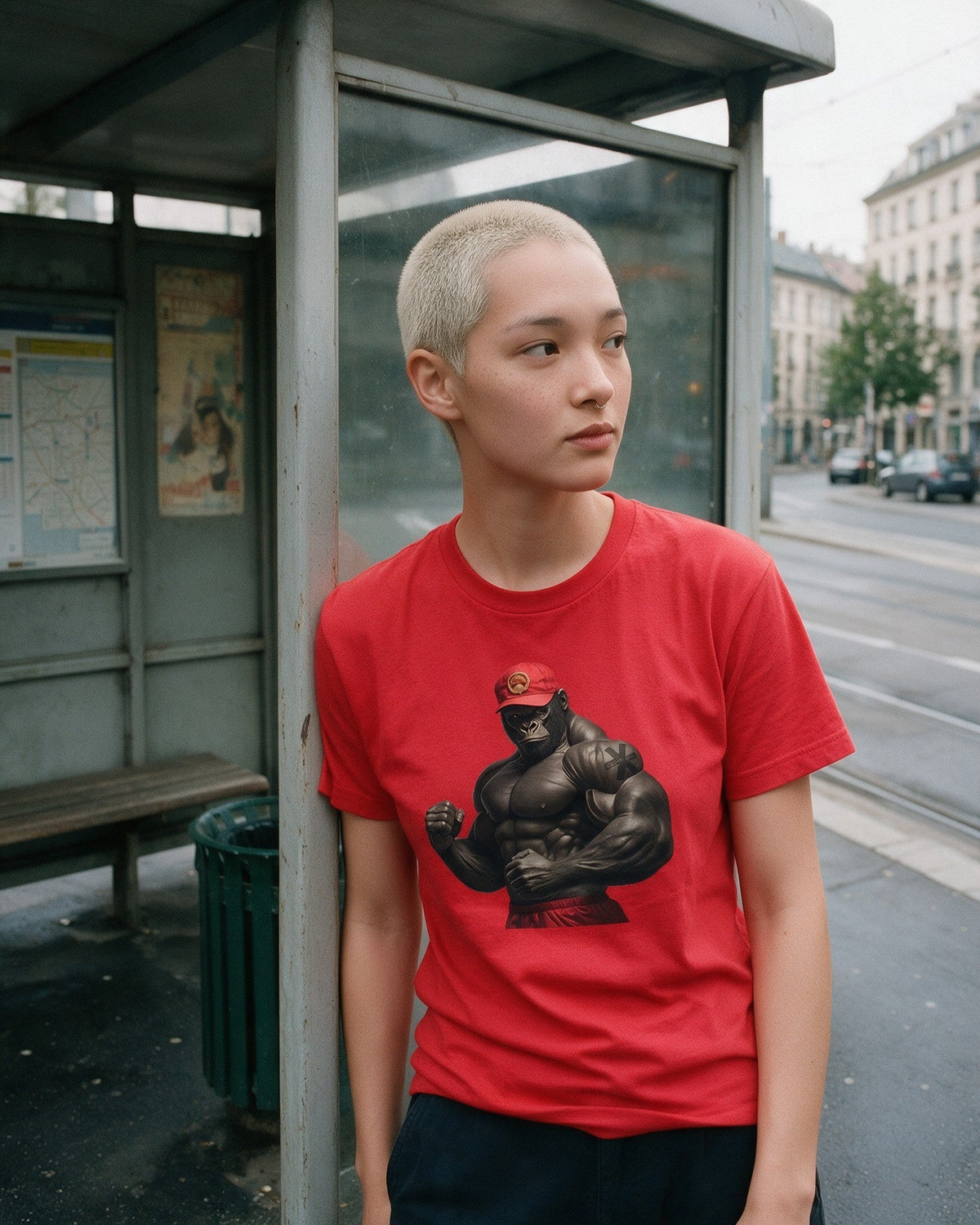 Kong Bulk T-Shirt in Red worn on the street — Urban Kong