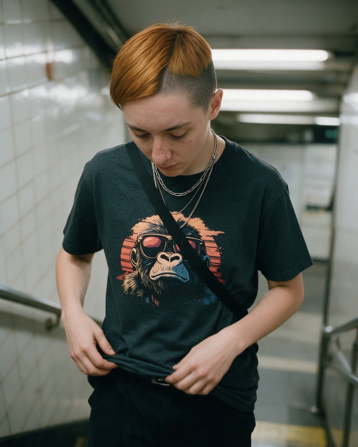 Kong Horizon T-Shirt in Dark Heather worn on the street — Urban Kong