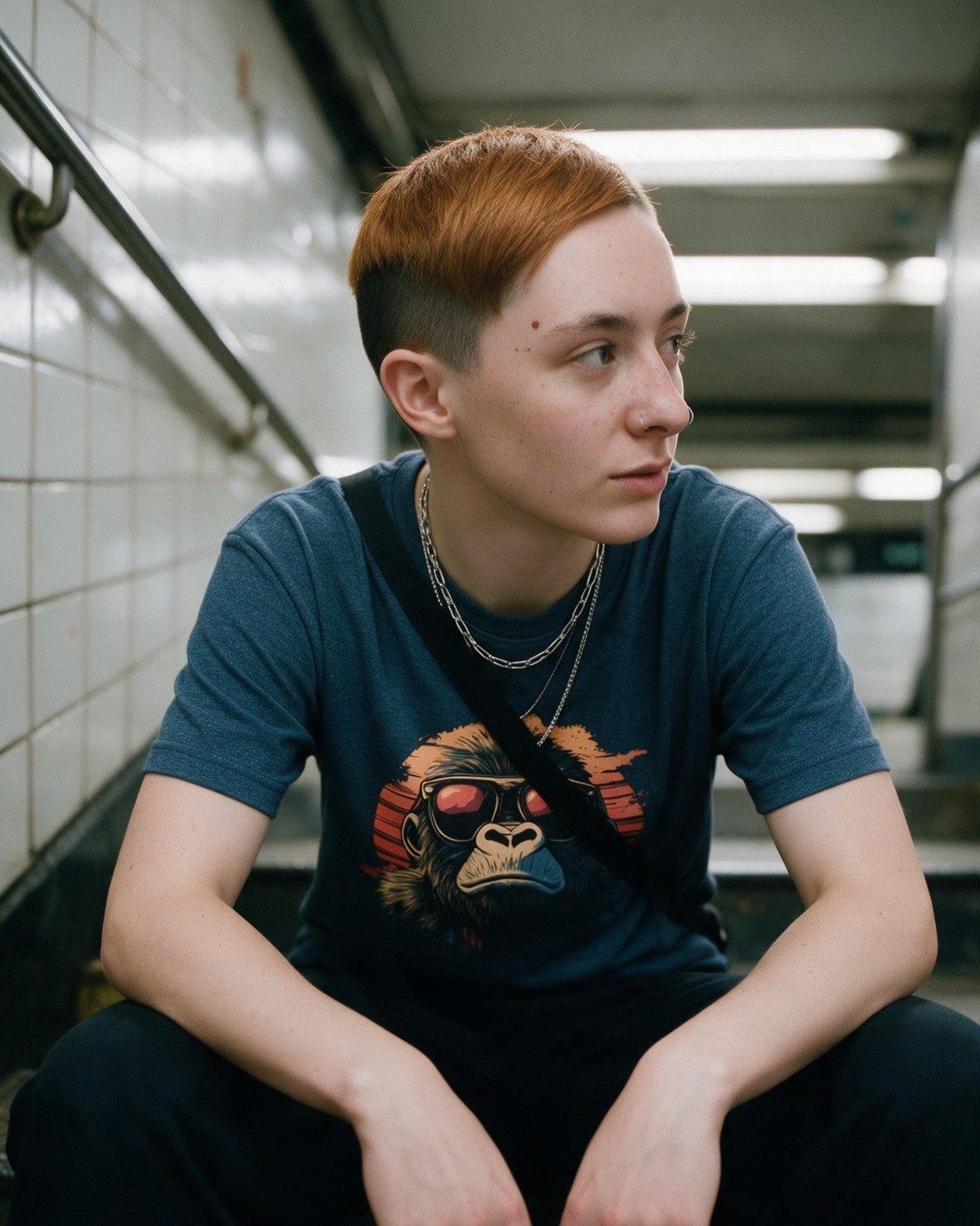 Kong Horizon T-Shirt in Heather Indigo worn on the street — Urban Kong