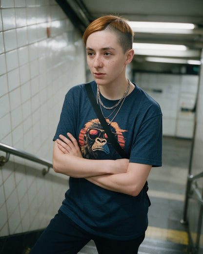 Kong Horizon T-Shirt in Heather Navy worn on the street — Urban Kong