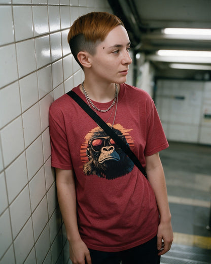 Kong Horizon T-Shirt in Heather Red worn on the street — Urban Kong