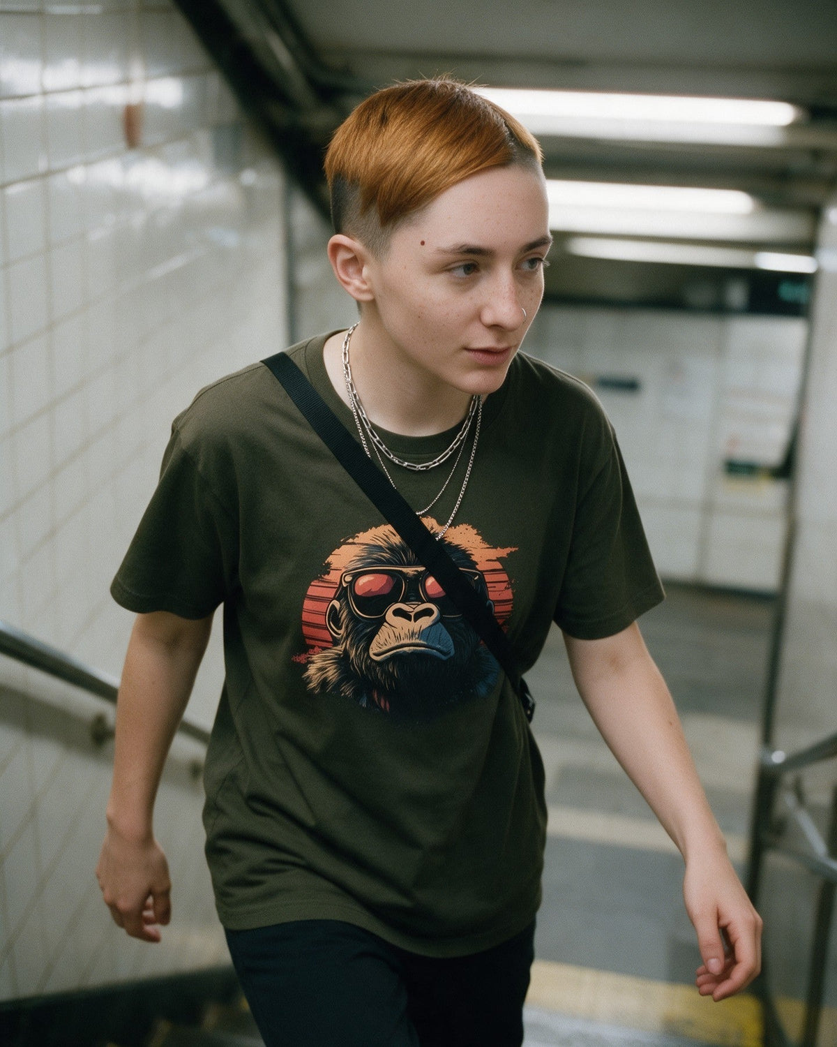Kong Horizon T-Shirt in Military Green worn on the street — Urban Kong