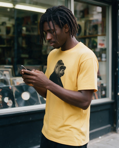 Kong in Black T-Shirt in Gold worn on the street — Urban Kong