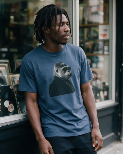 Kong in Black T-Shirt in Heather Indigo worn on the street — Urban Kong