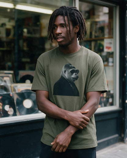 Kong in Black T-Shirt in Military Green worn on the street — Urban Kong