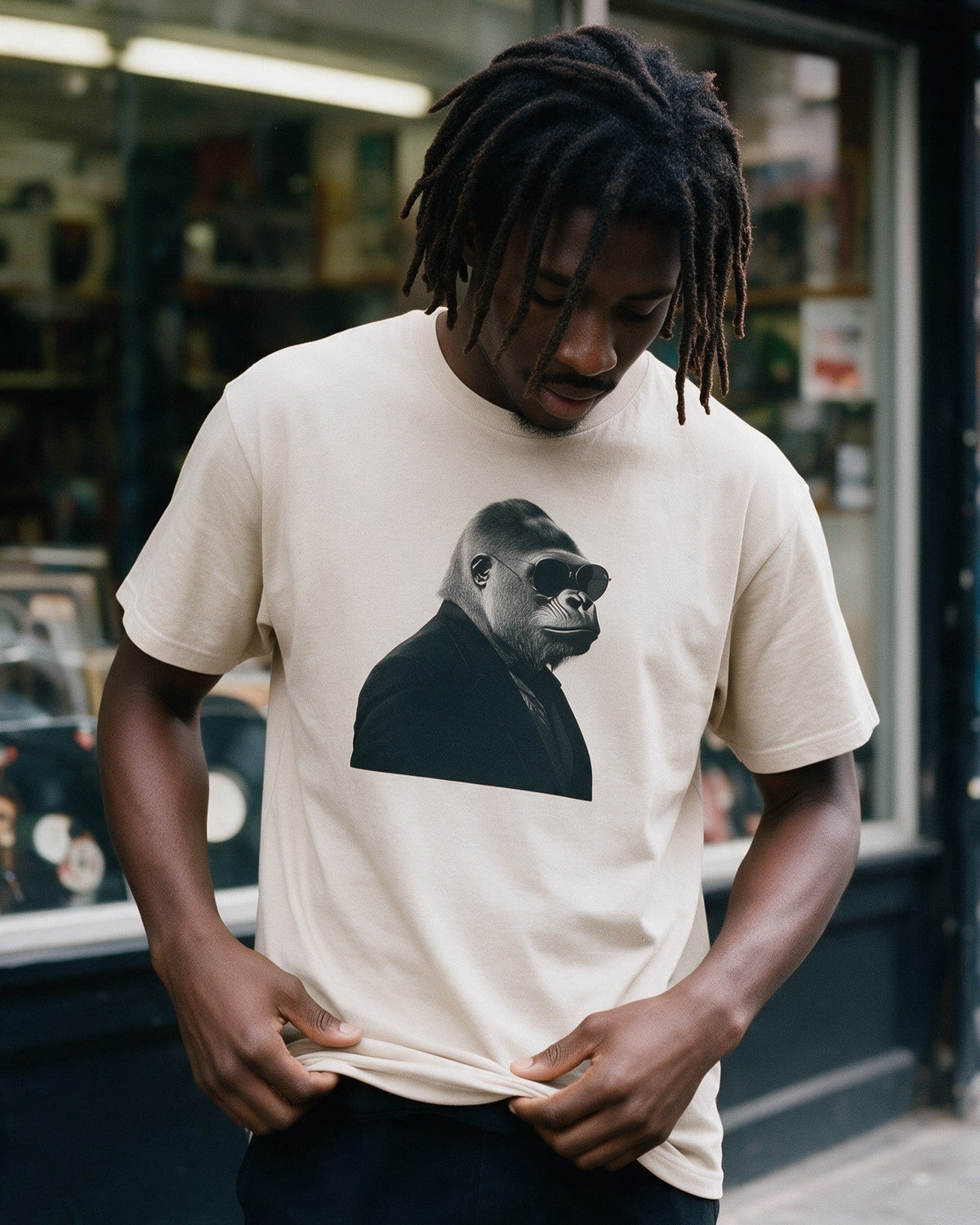 Kong in Black T-Shirt in Sand worn on the street — Urban Kong