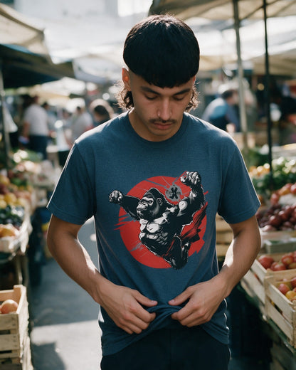 Kong Powa T-Shirt in Heather Indigo worn on the street — Urban Kong