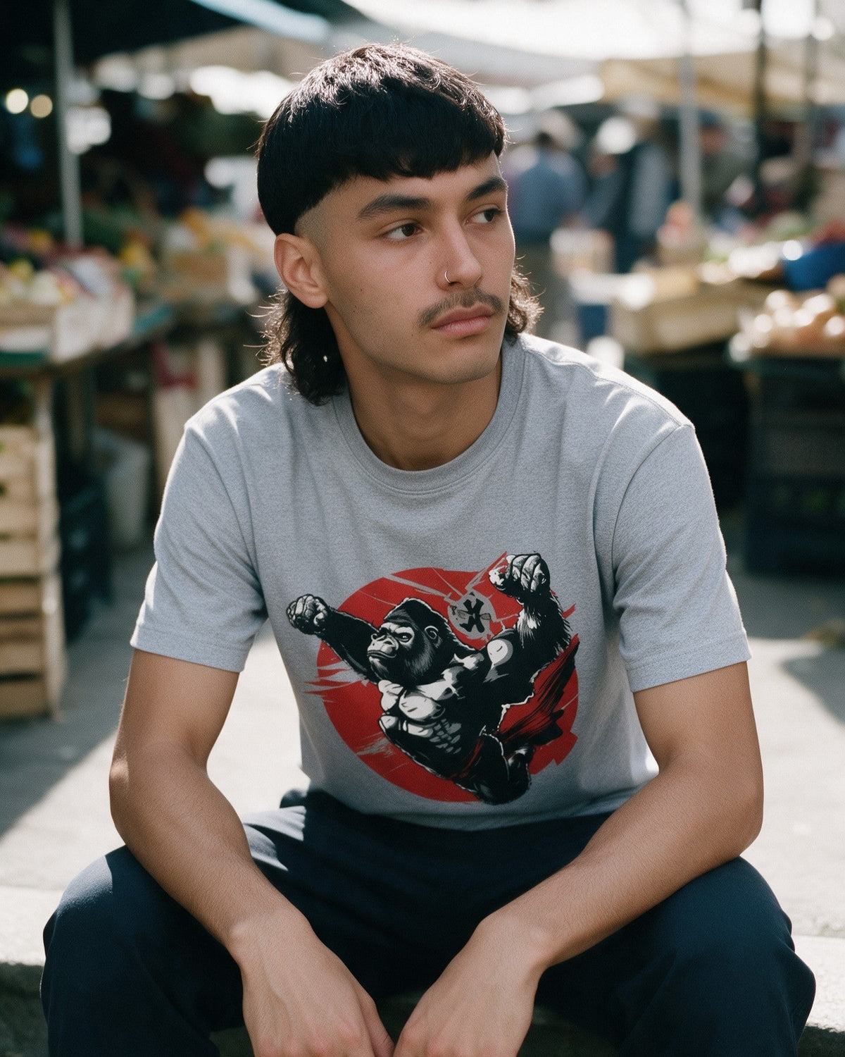 Kong Powa T-Shirt in Ice Grey worn on the street — Urban Kong