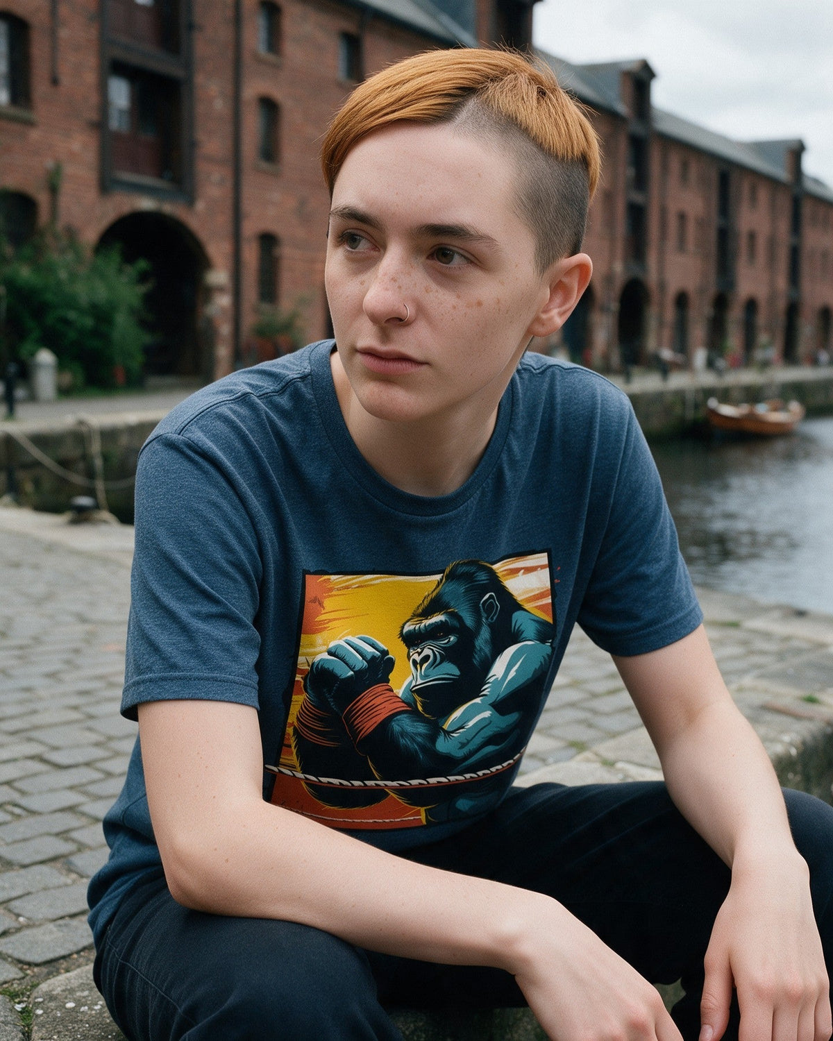 Kong Ready T-Shirt in Heather Indigo worn on the street — Urban Kong