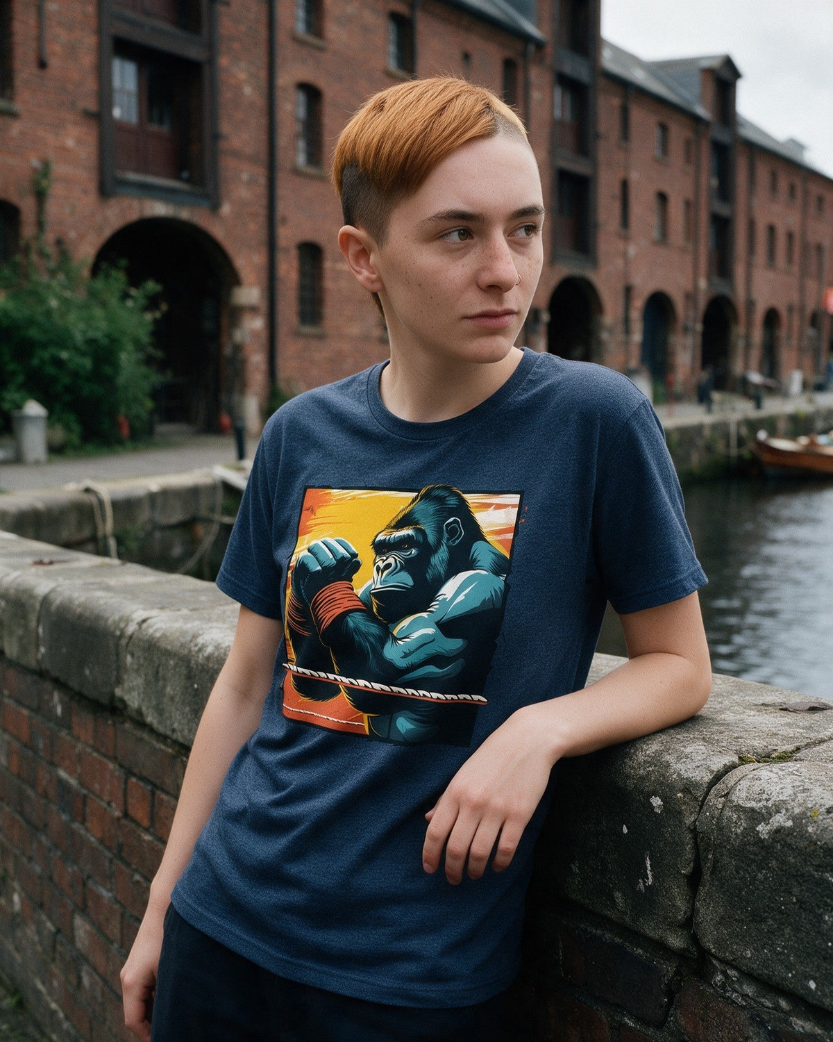 Kong Ready T-Shirt in Heather Navy worn on the street — Urban Kong