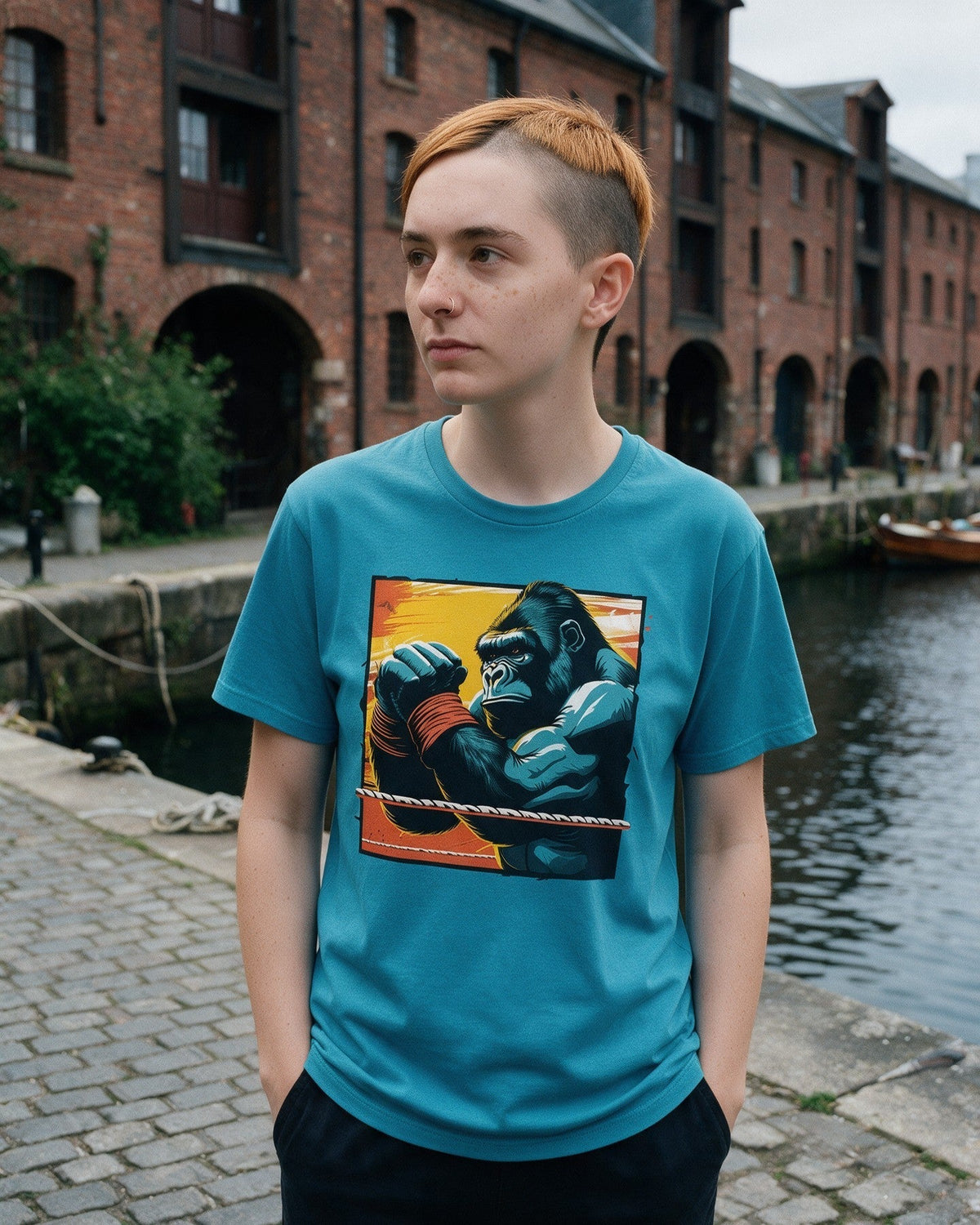 Kong Ready T-Shirt in Tropical Blue worn on the street — Urban Kong