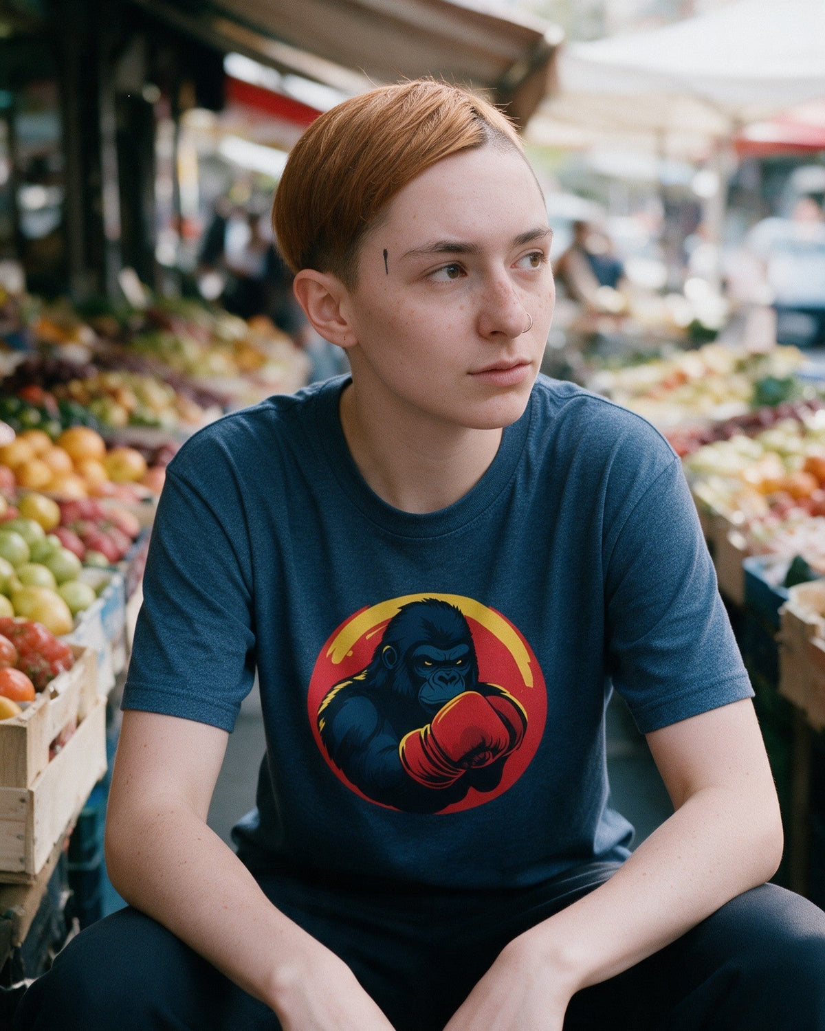 Kong’s Knockout T-Shirt in Heather Indigo worn on the street — Urban Kong