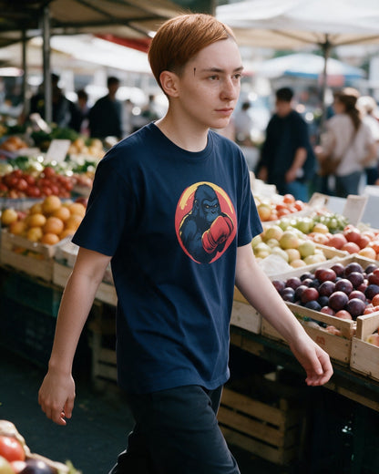 Kong’s Knockout T-Shirt in Navy worn on the street — Urban Kong