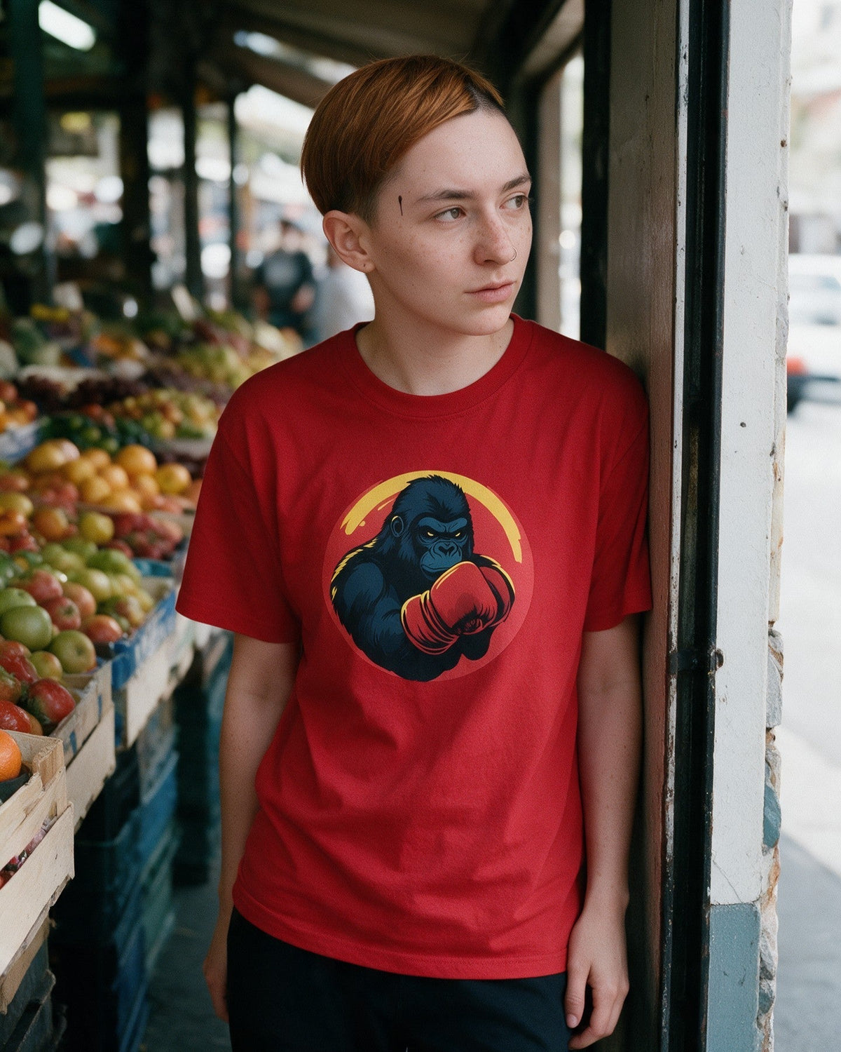 Kong’s Knockout T-Shirt in Red worn on the street — Urban Kong