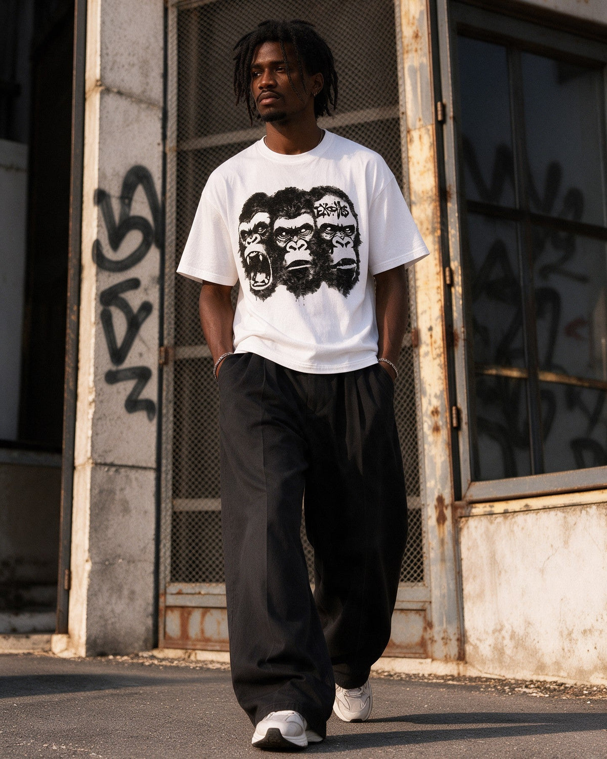 Kong Trinity T-Shirt in White worn on the street — Urban Kong