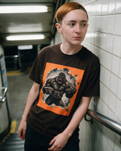 Kong Unleashed T-Shirt in Dark Chocolate worn on the street — Urban Kong