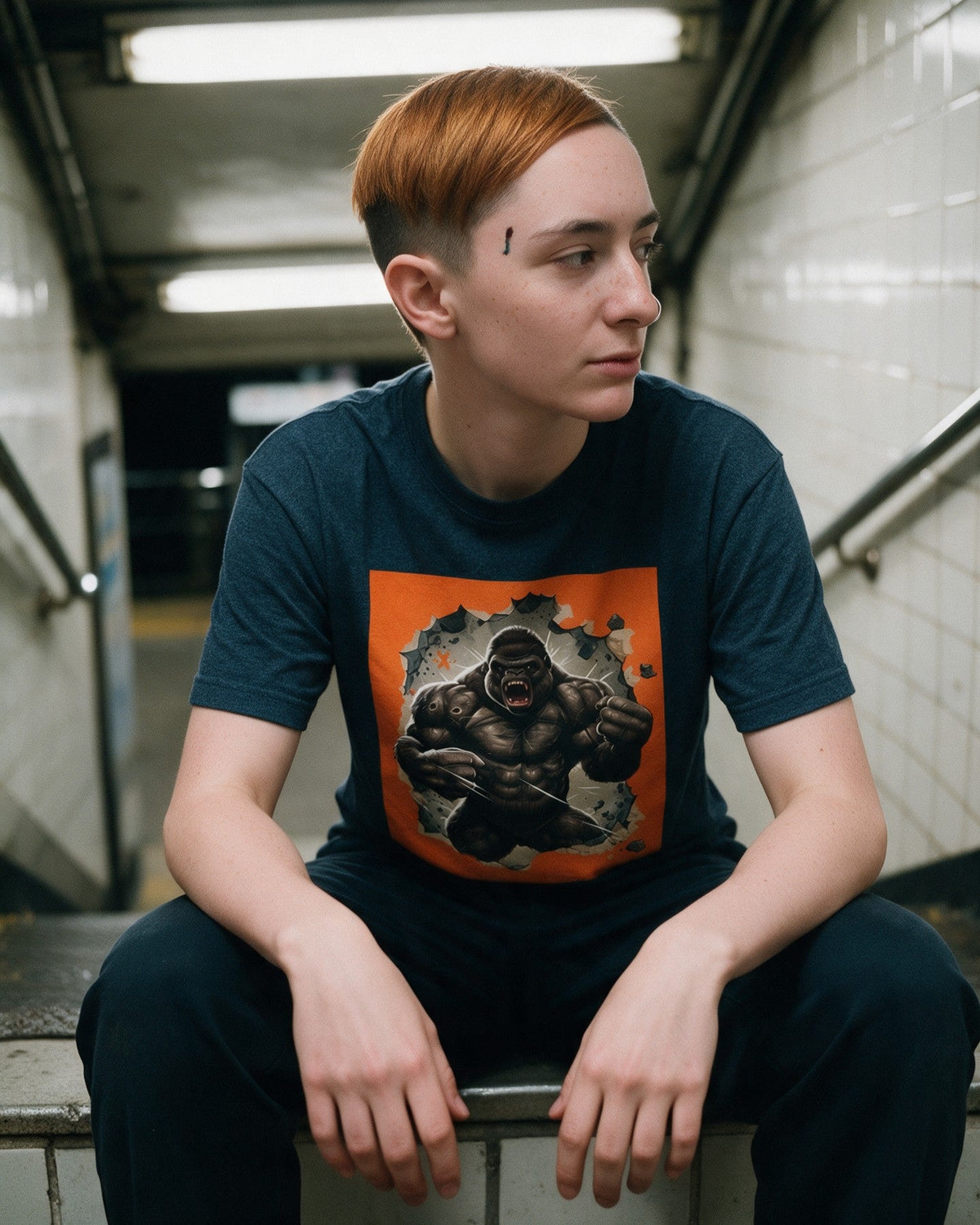 Kong Unleashed T-Shirt in Heather Navy worn on the street — Urban Kong