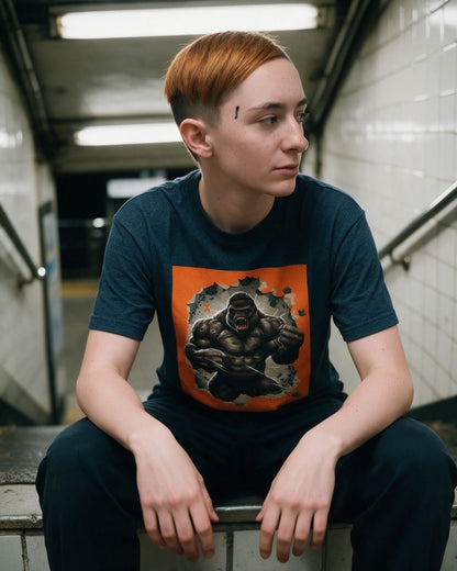 Kong Unleashed T-Shirt in Heather Navy worn on the street — Urban Kong