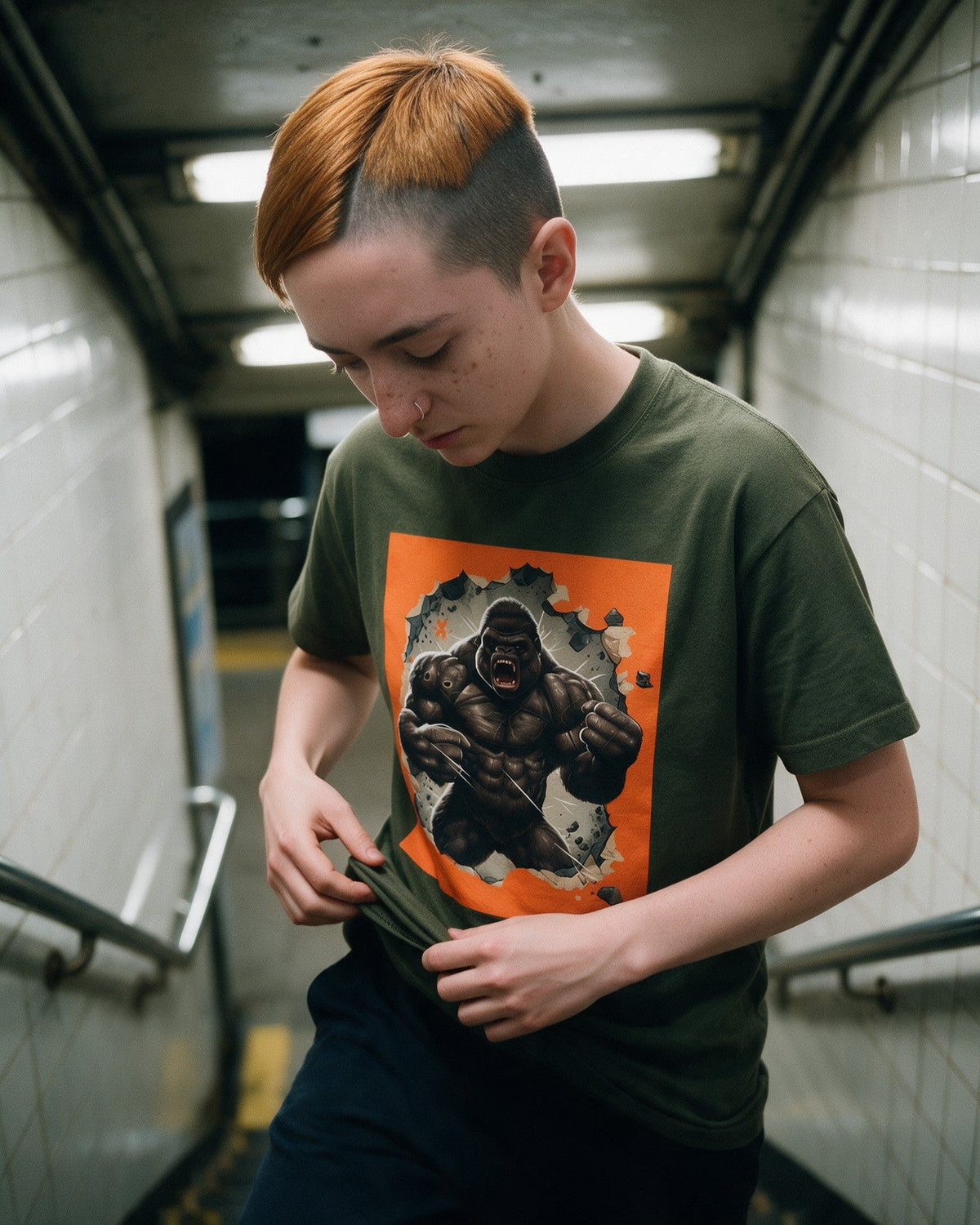 Kong Unleashed T-Shirt in Military Green worn on the street — Urban Kong