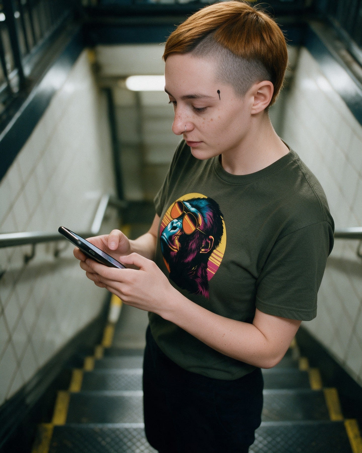 Kong Vibes T-Shirt in Military Green worn on the street — Urban Kong