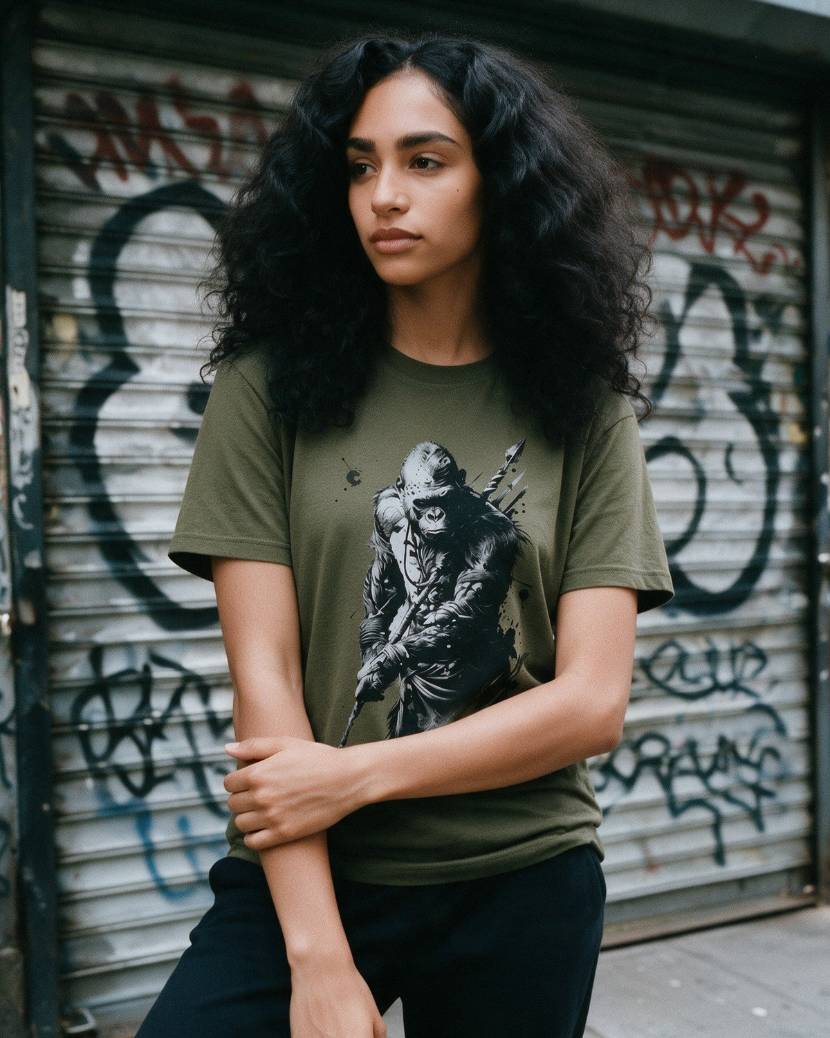 Kongqueror T-Shirt in Military Green worn on the street — Urban Kong
