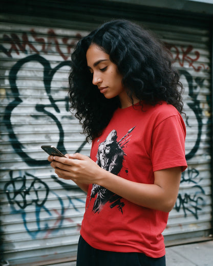 Kongqueror T-Shirt in Red worn on the street — Urban Kong