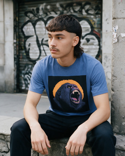 Kong's Ascension T-Shirt in Heather Royal worn on the street — Urban Kong