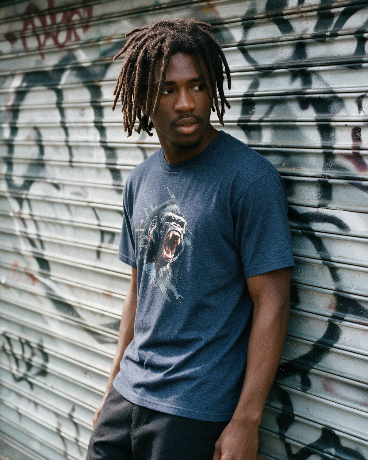 Kong's Call T-Shirt in Heather Navy worn on the street — Urban Kong