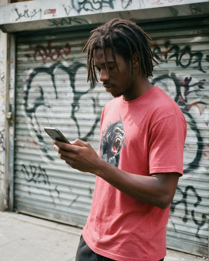 Kong's Call T-Shirt in Heather Red worn on the street — Urban Kong