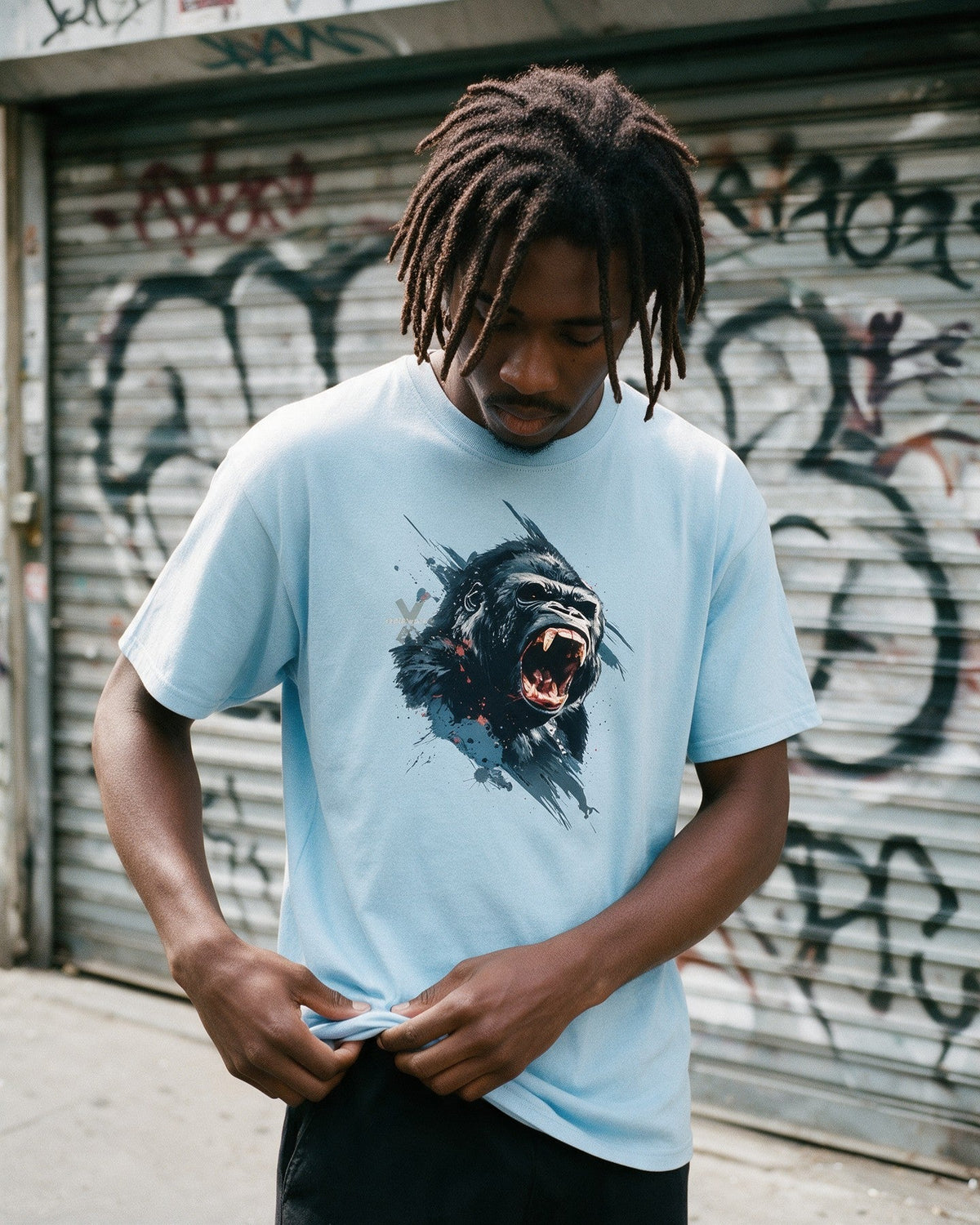 Kong's Call T-Shirt in Light Blue worn on the street — Urban Kong