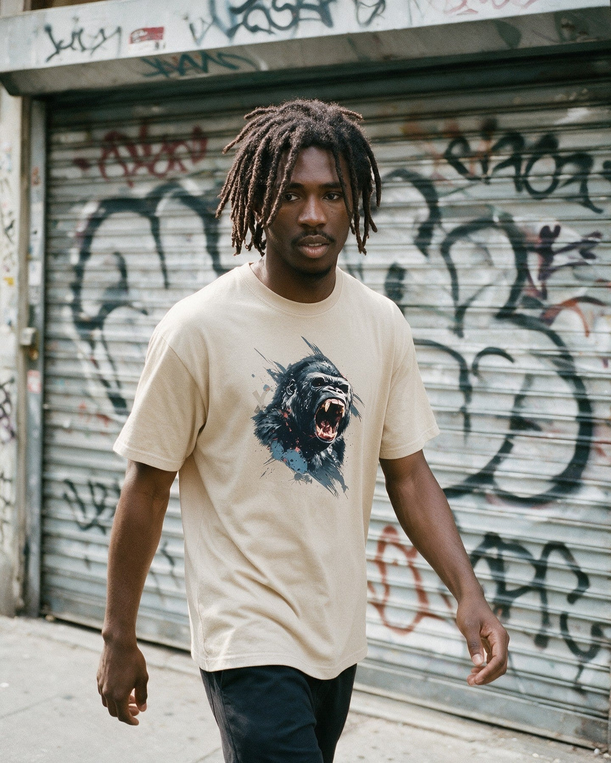 Kong's Call T-Shirt in Sand worn on the street — Urban Kong