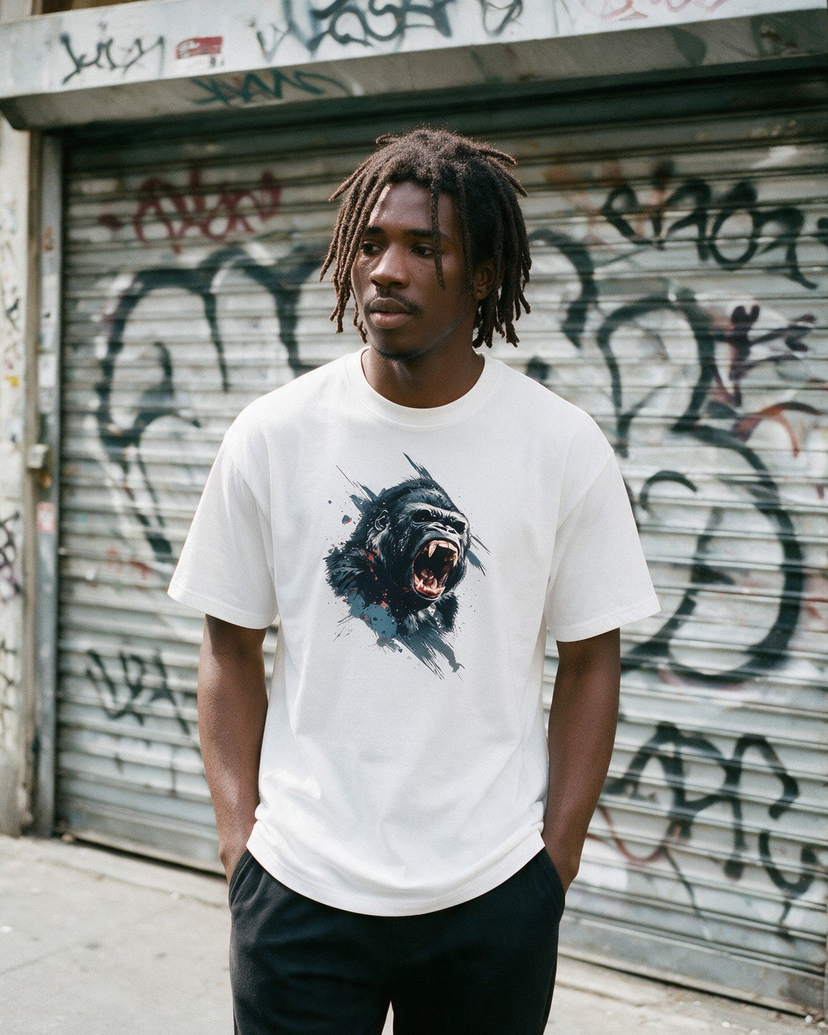 Kong's Call T-Shirt in White worn on the street — Urban Kong
