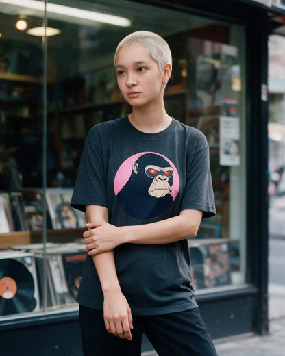 Kong's Mood T-Shirt in Dark Heather worn on the street — Urban Kong