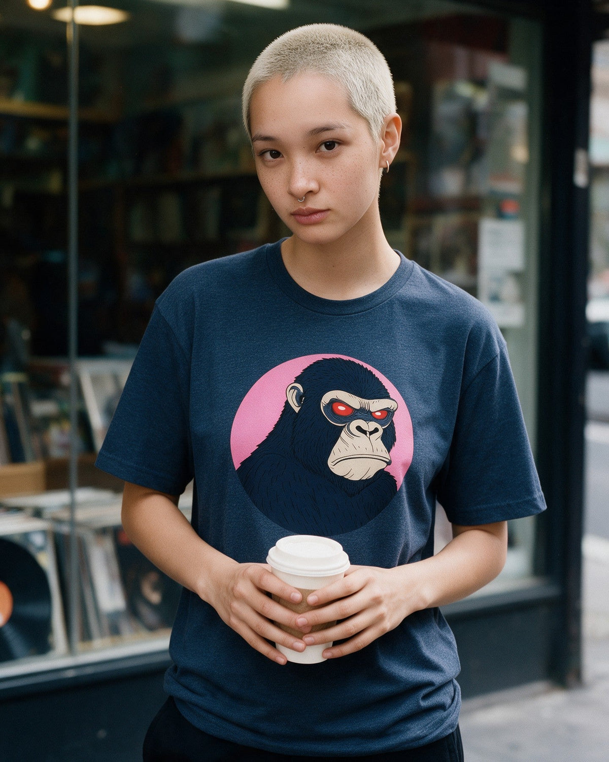 Kong's Mood T-Shirt in Heather Navy worn on the street — Urban Kong