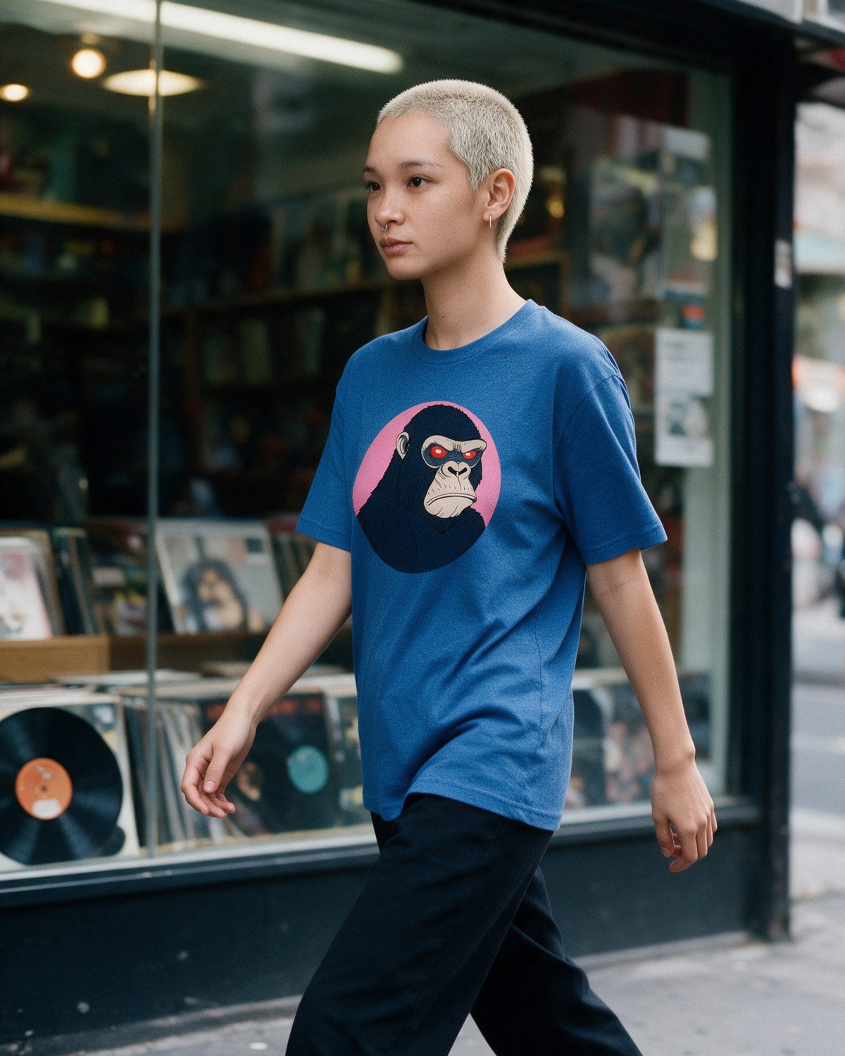 Kong's Mood T-Shirt in Heather Royal worn on the street — Urban Kong