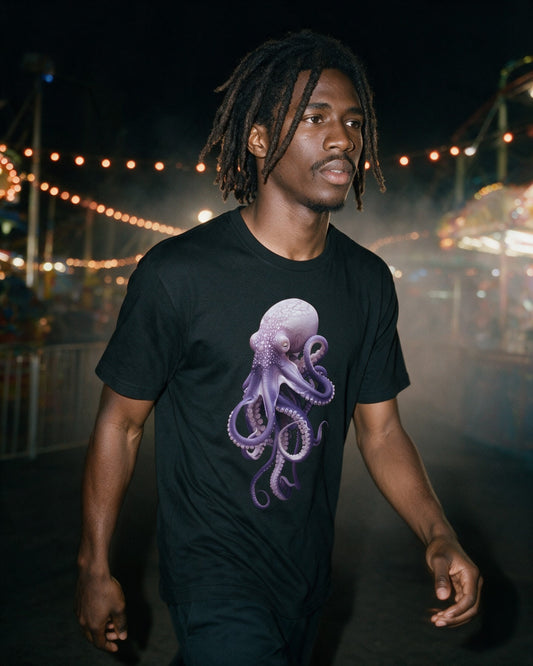 Lavender Kraken T-Shirt worn on the street — Urban Kong